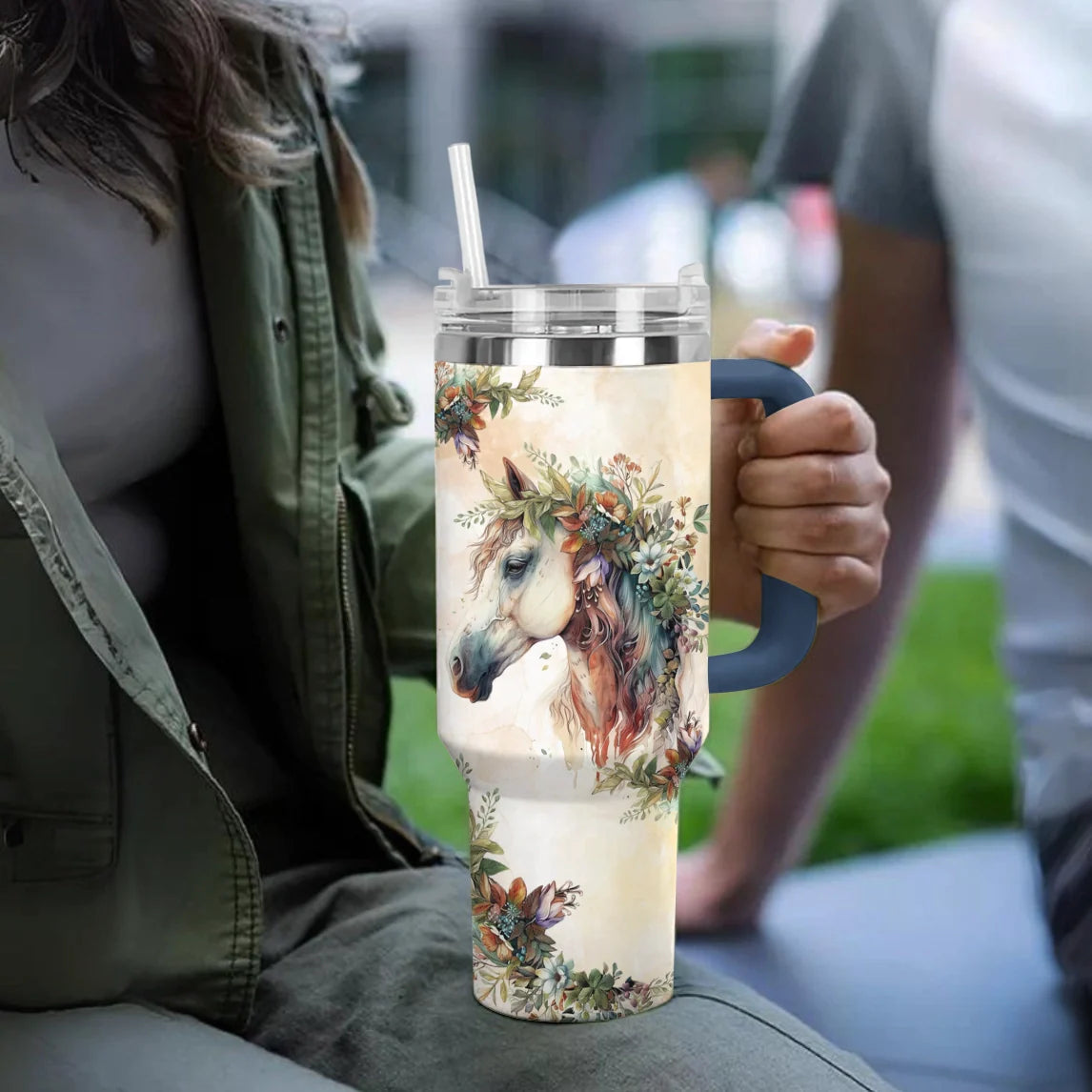 Horse 40 Oz Shineful™ Tumbler With Floral Mn8 Navy 40Oz