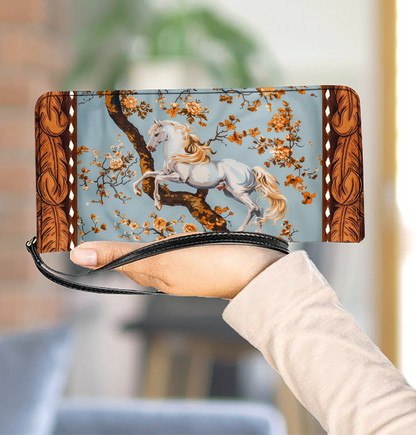 Equestrian Blossom Leather Clutch Purse With Wristlet Strap Handle