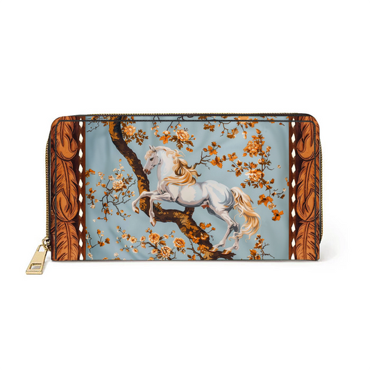 Pochette en cuir à motif floral équestre avec dragonne