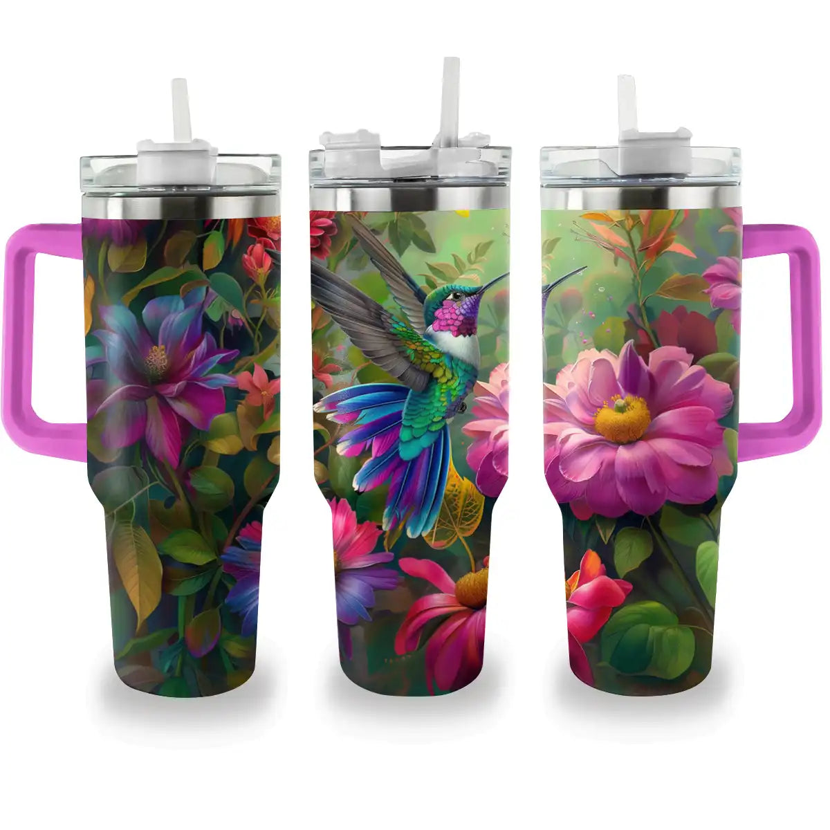 Glänzender Becher mit Blumenmotiv, Kolibri, Ver2