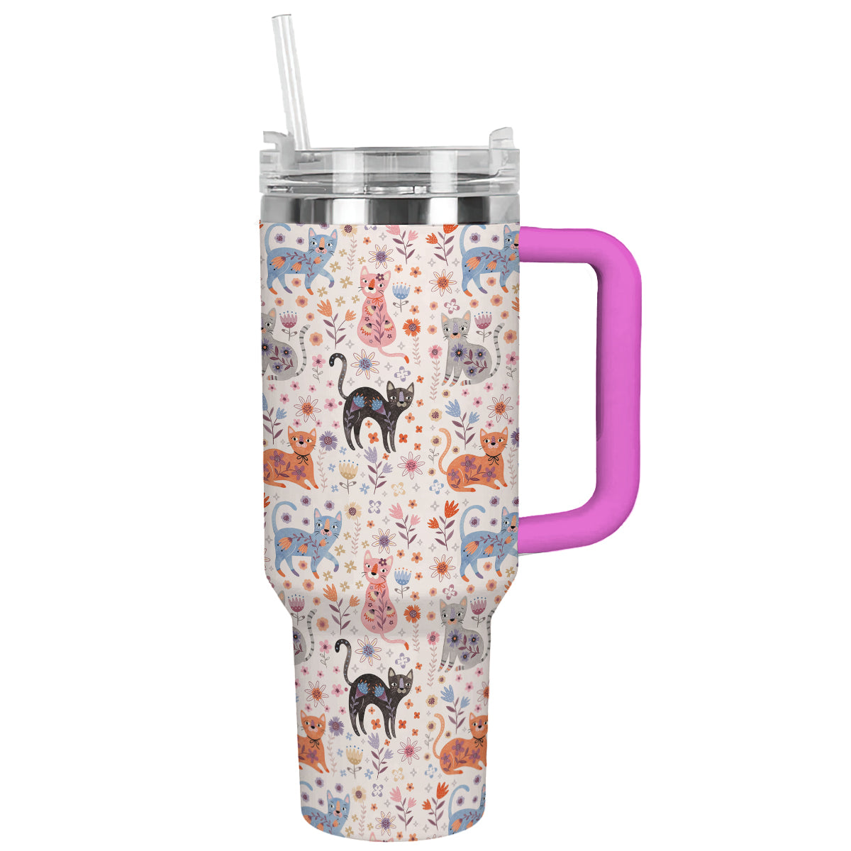 Glänzender Becher mit Blumen- und Katzenmotiv