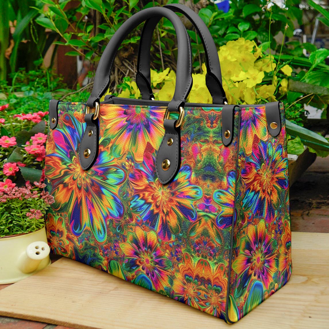 Hippie Leather Bag Shineful Gorgeous Flower Power Tl10 Black