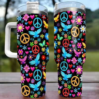 Glänzender Becher Hippie Frieden Liebe Hoffnung