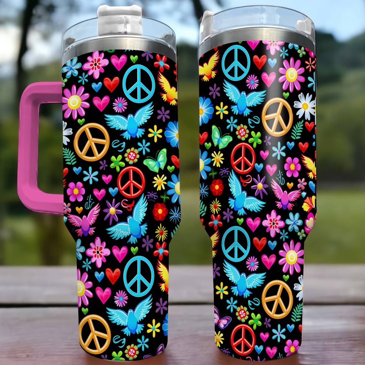 Glänzender Becher Hippie Frieden Liebe Hoffnung