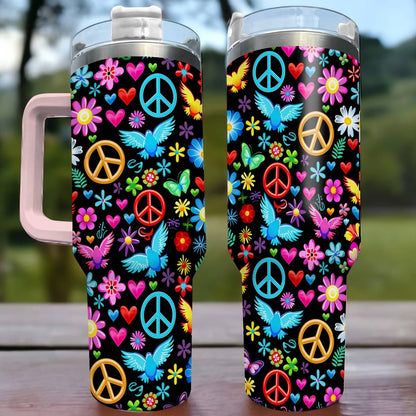 Glänzender Becher Hippie Frieden Liebe Hoffnung