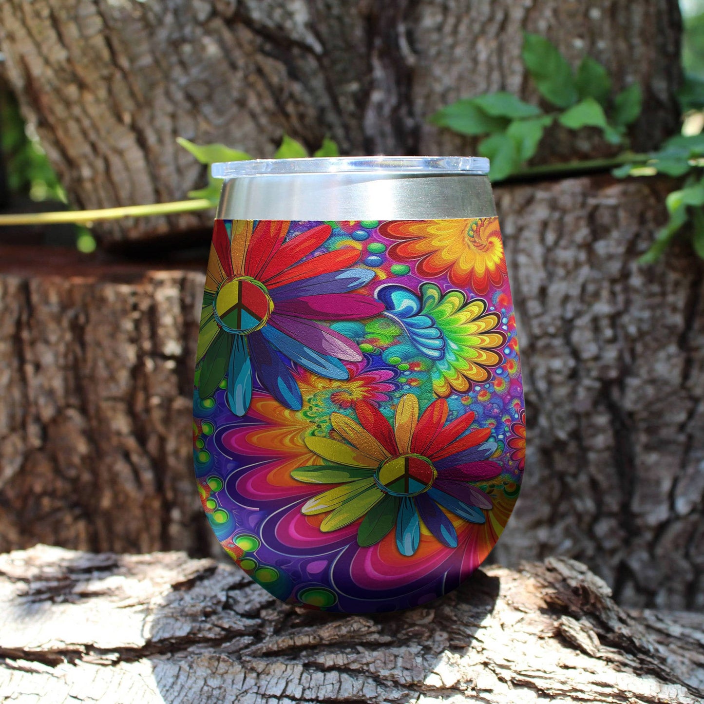 Shineful Wine Tumbler 12 Hippie Gorgeous Rainbow Flowers