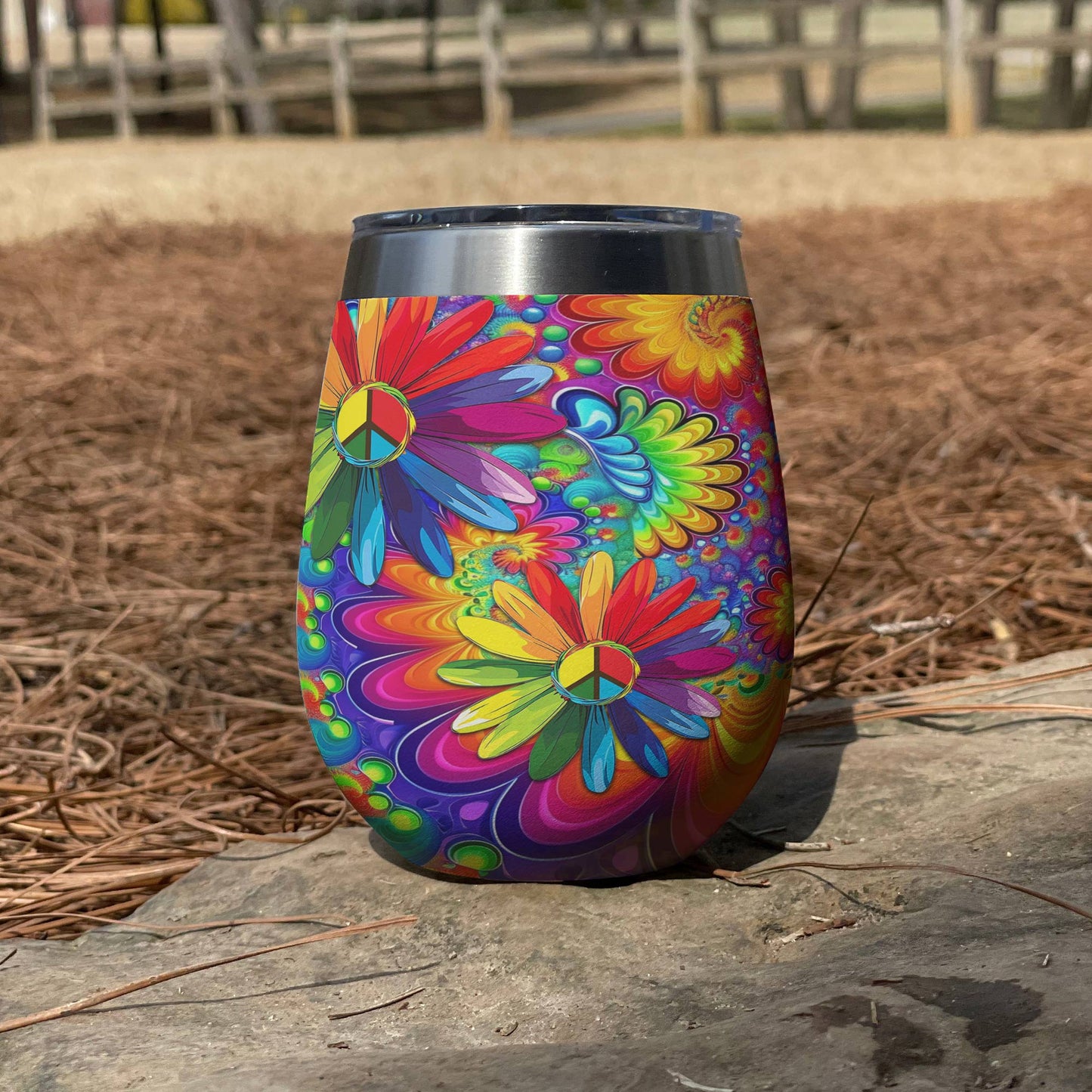 Shineful Wine Tumbler 12 Hippie Gorgeous Rainbow Flowers