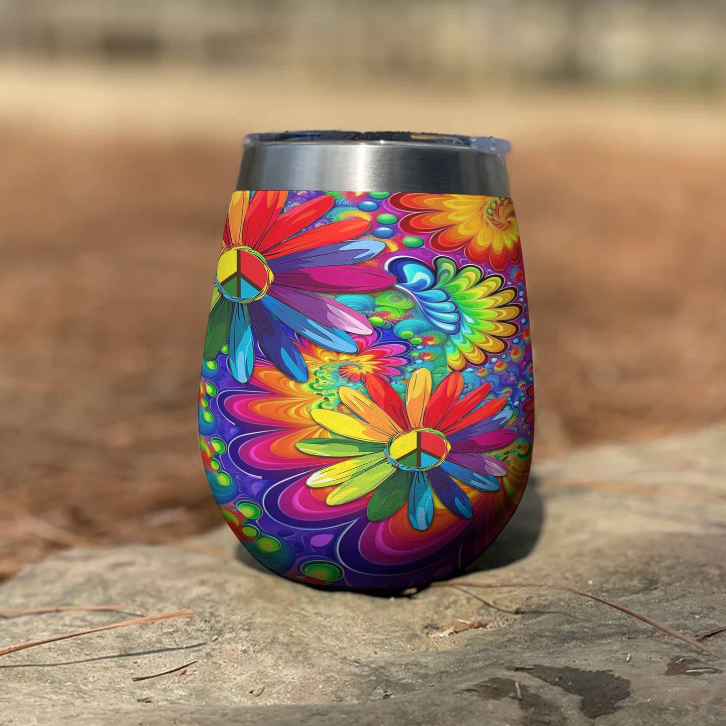 Shineful Wine Tumbler 12 Hippie Gorgeous Rainbow Flowers