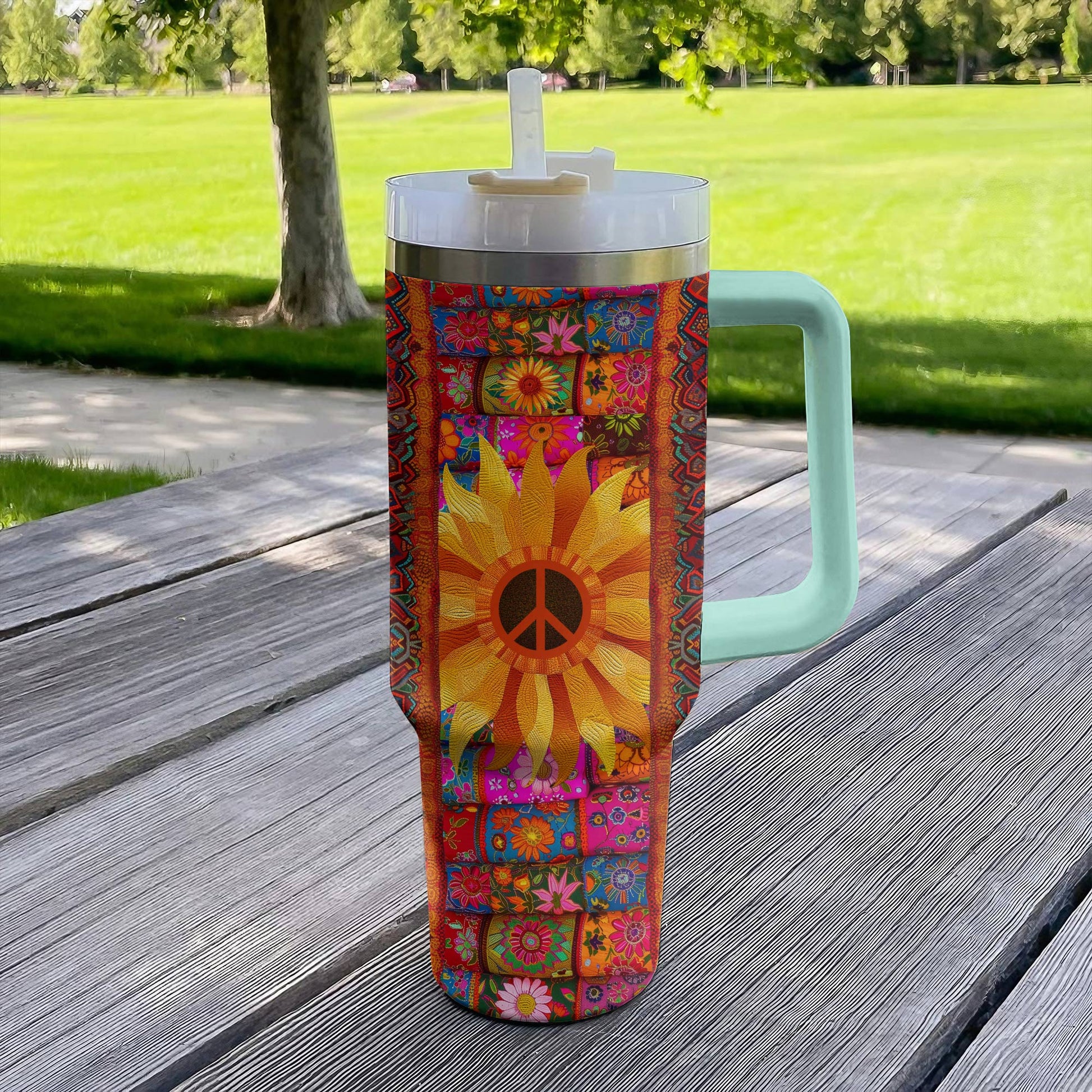 Hippie 40 Oz Shineful™ Tumbler Boho Sunflower Flowers Tl10 Turquoise Blue 40Oz