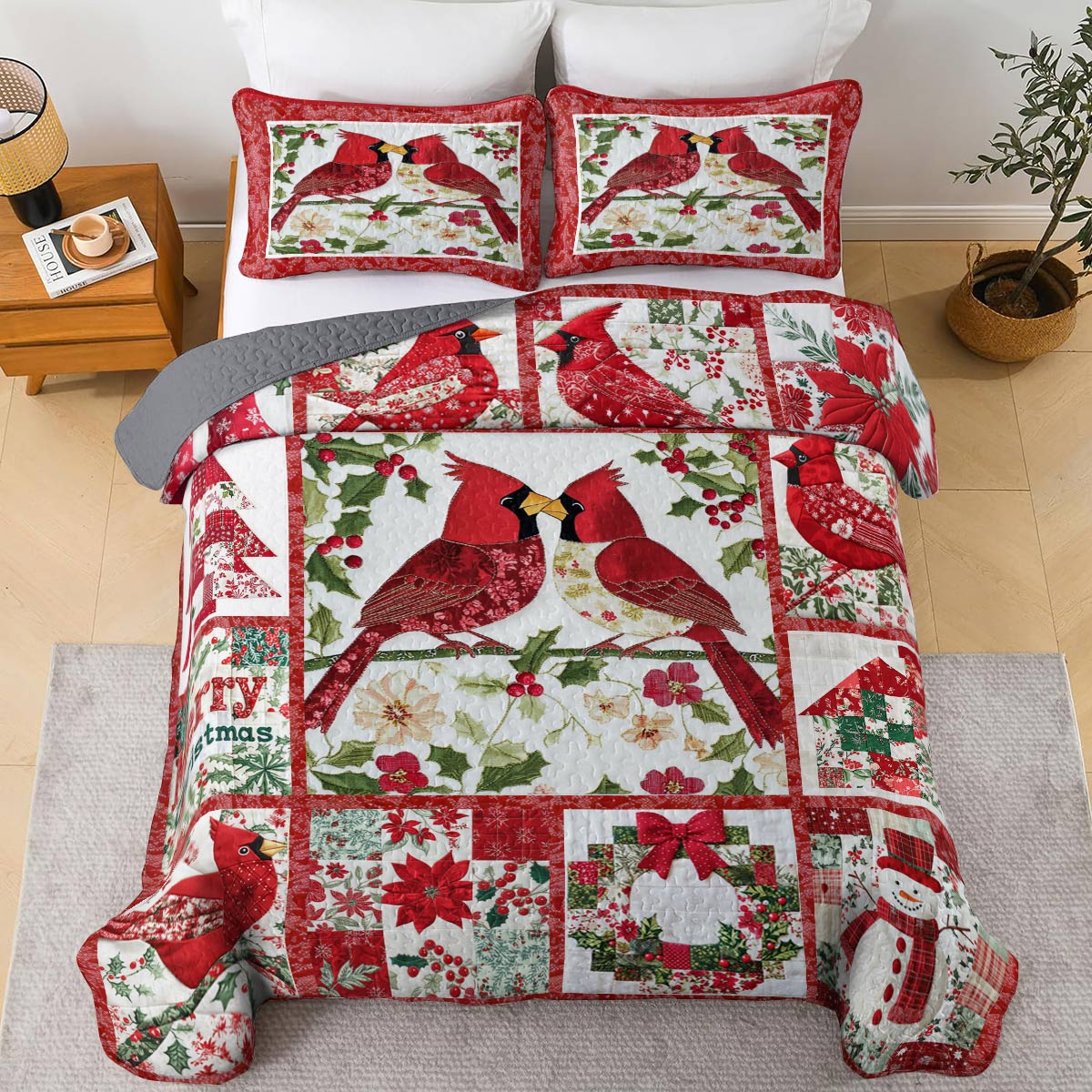 Shineful All Season Quilt 3-Piece Set Merry Christmas Cardinals Love