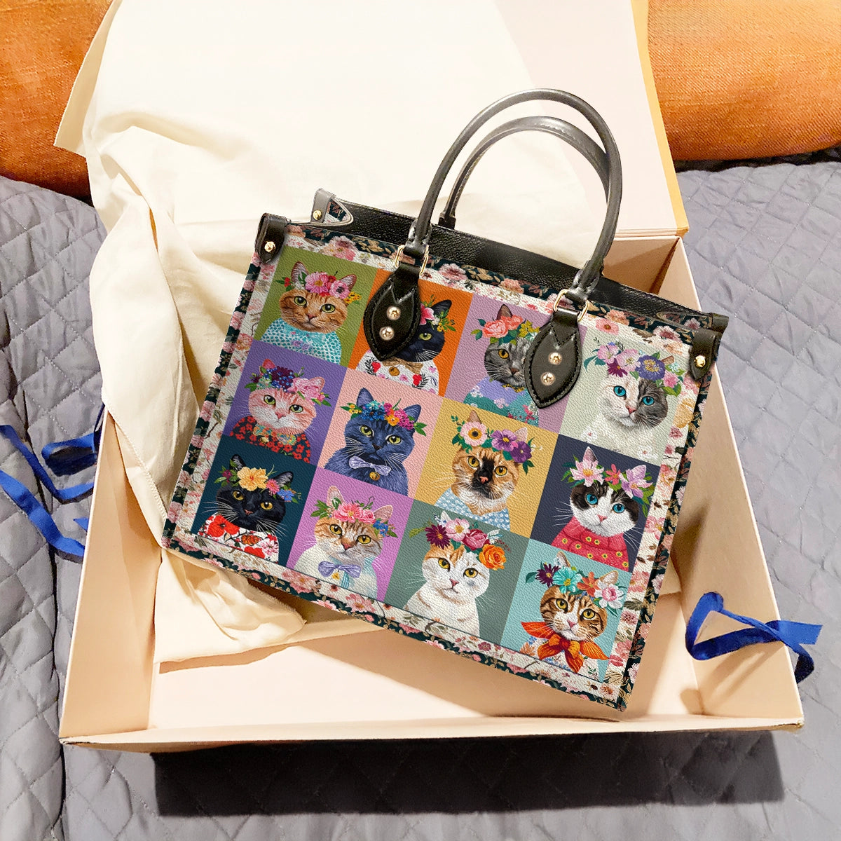 Shineful Leather Bag Floral Cat Fantasy