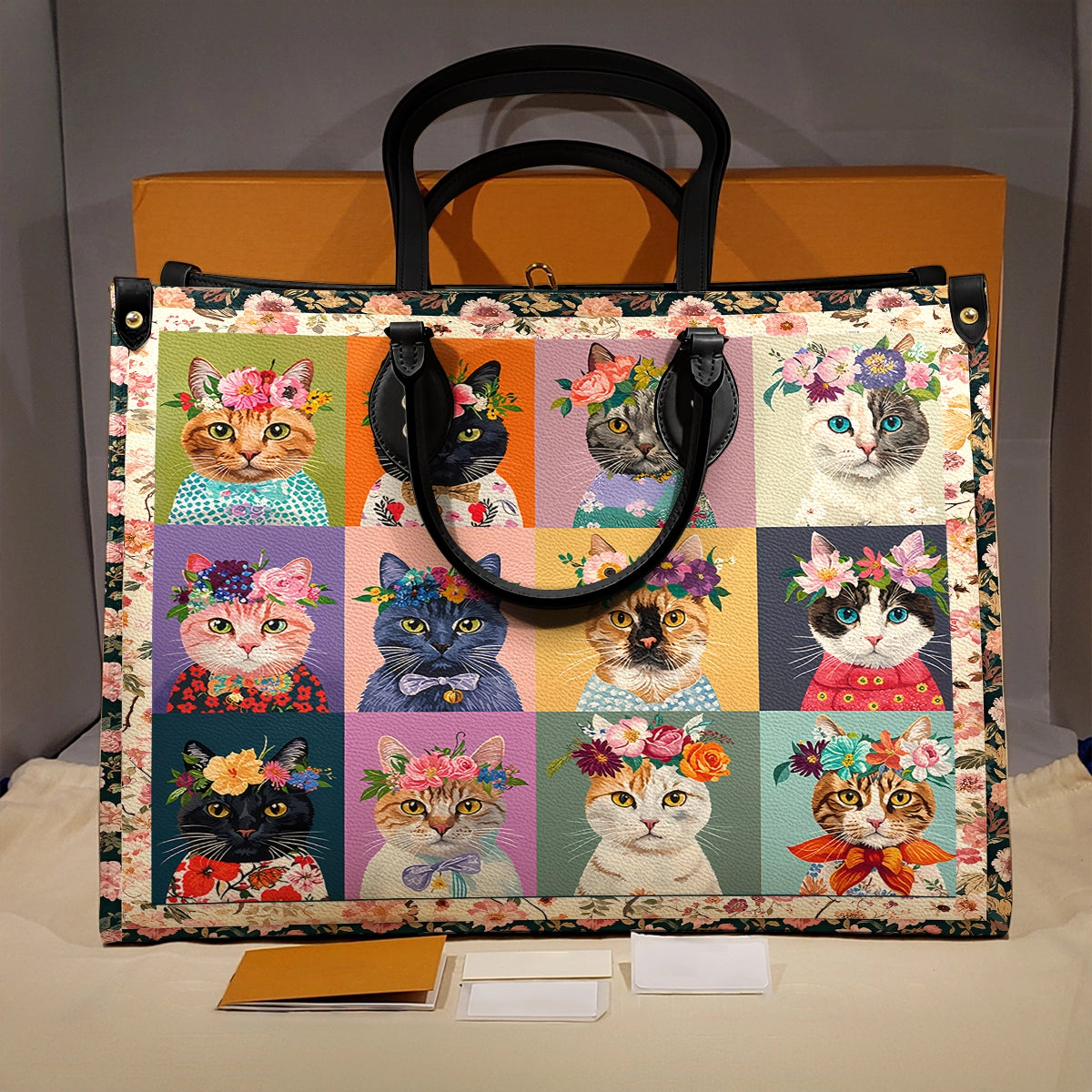 Glänzende Ledertasche Floral Cat Fantasy