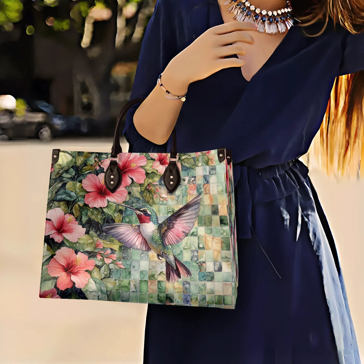 Shineful Leather Bag Hibiscus Hummingbird