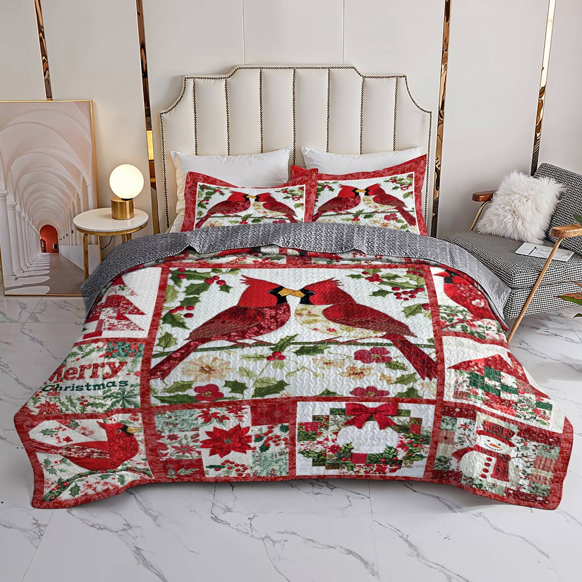 Shineful All Season Quilt 3-Piece Set Merry Christmas Cardinals Love