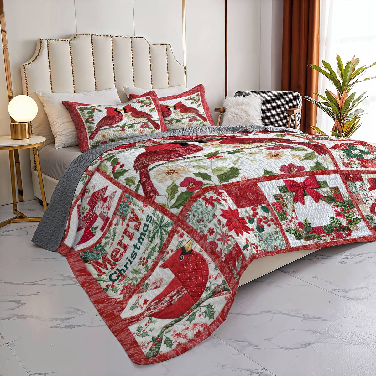 Shineful All Season Quilt 3-Piece Set Merry Christmas Cardinals Love