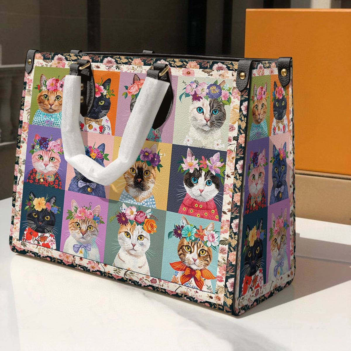 Sac en cuir brillant motif chat floral fantaisie