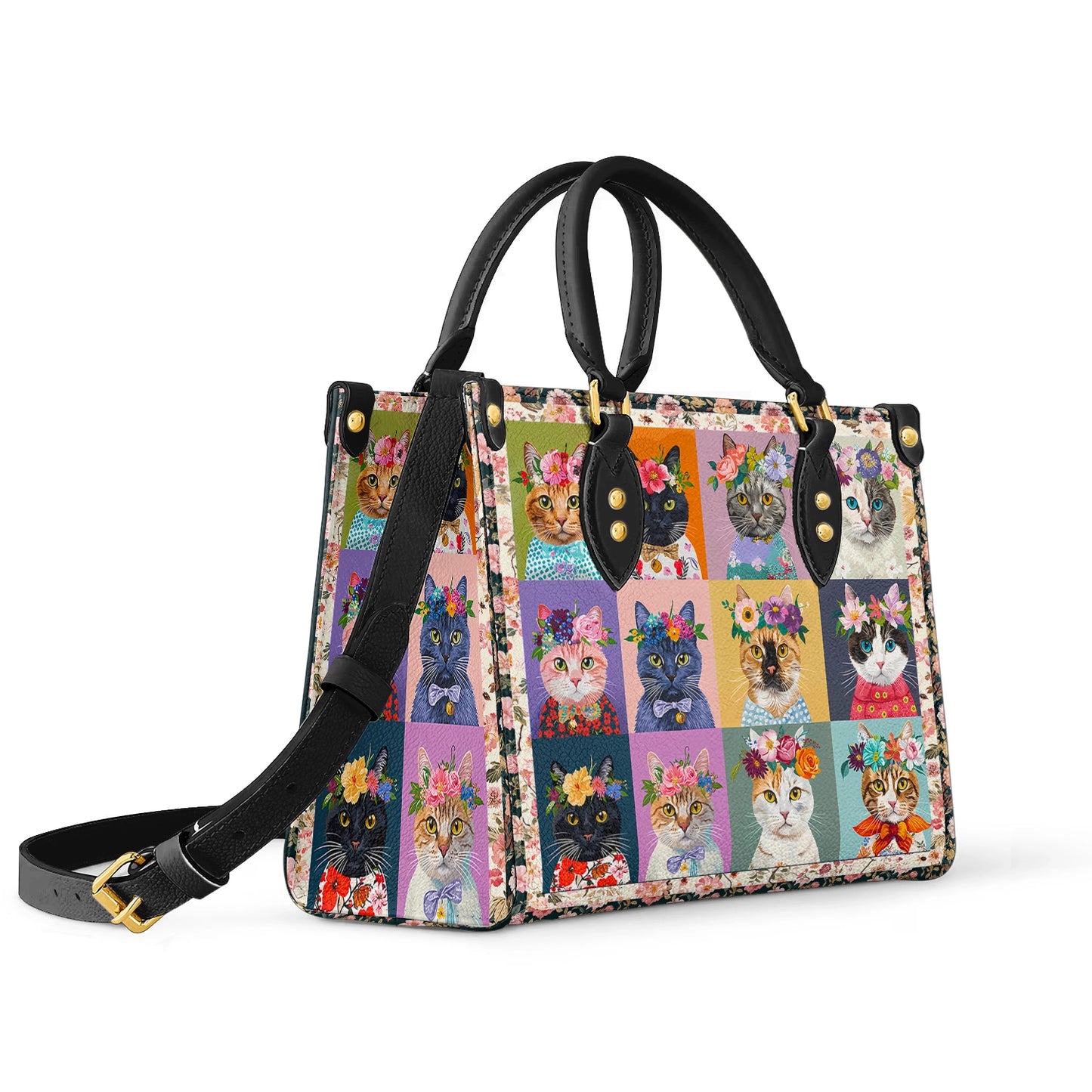 Glänzende Ledertasche Floral Cat Fantasy