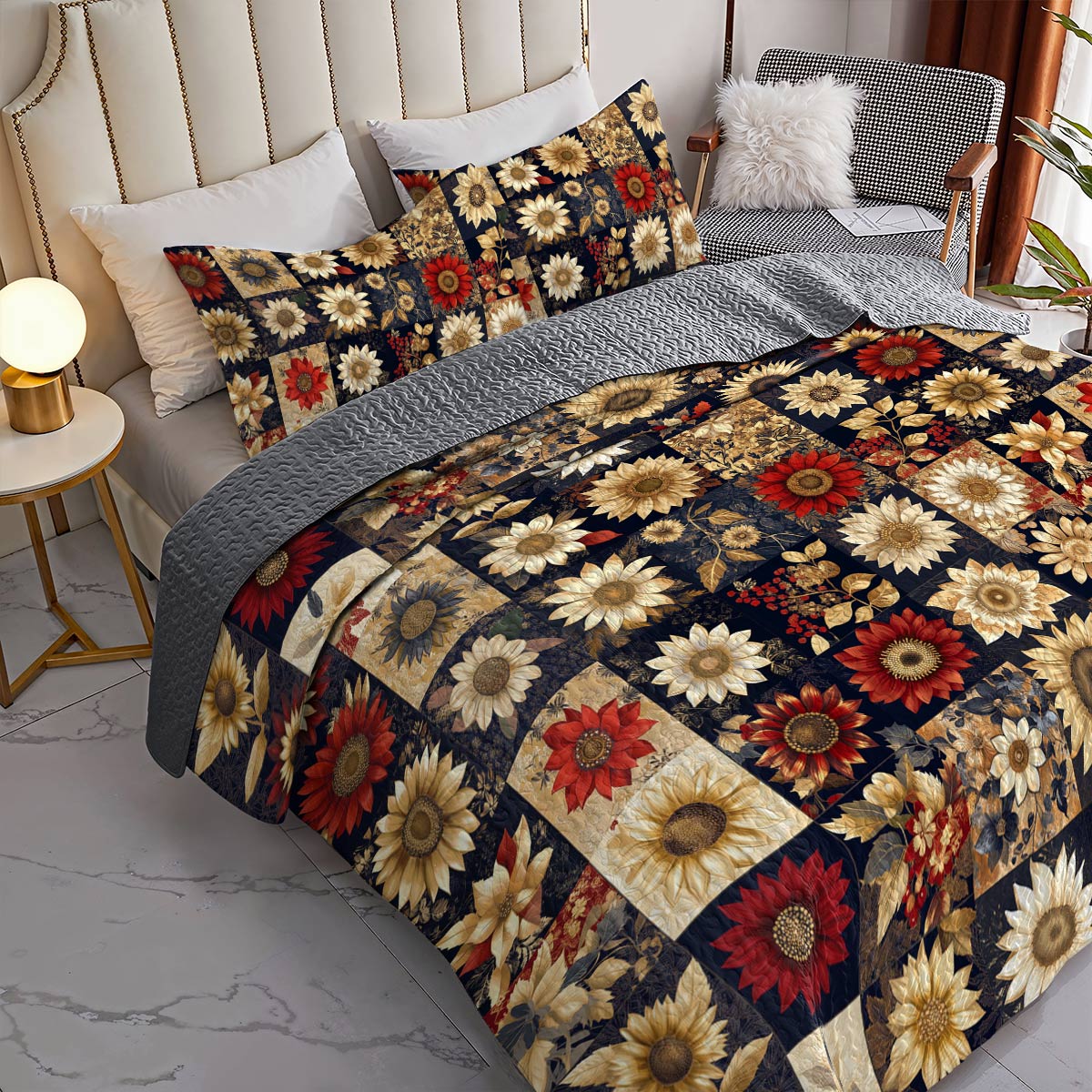 Shineful All Season Quilt 3-Piece Set Graceful Sunflowers