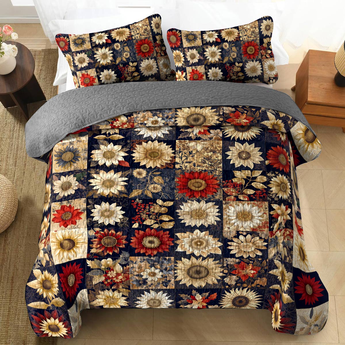 Shineful All Season Quilt 3-Piece Set Graceful Sunflowers