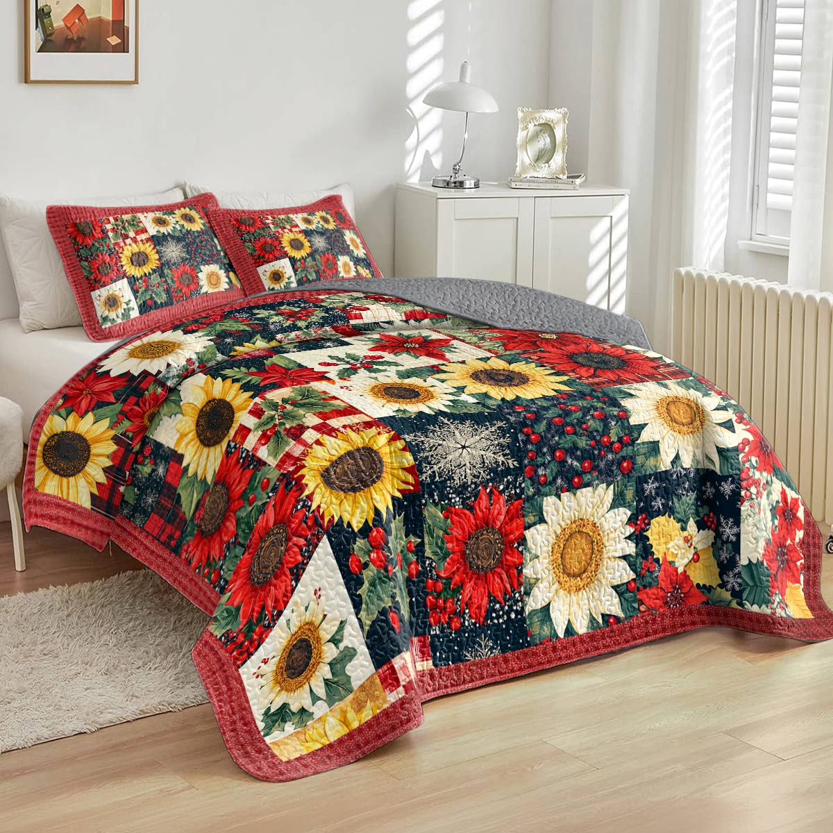 Shineful All Season Quilt 3-Piece Set Christmas Sunflowers Lovely