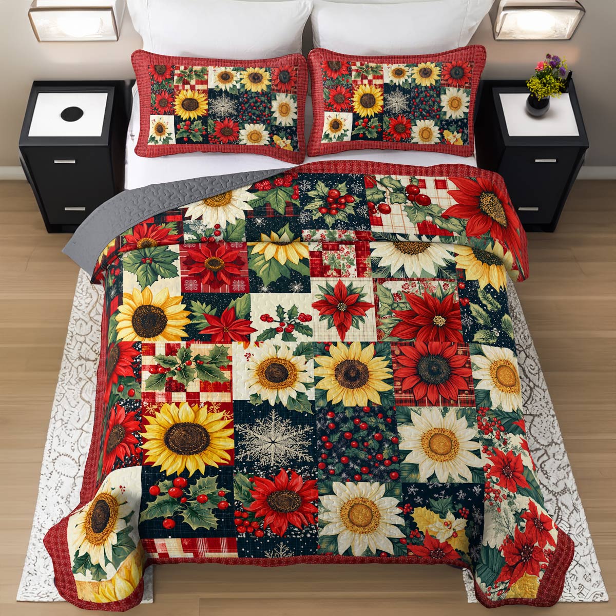 Shineful All Season Quilt 3-Piece Set Christmas Sunflowers Lovely