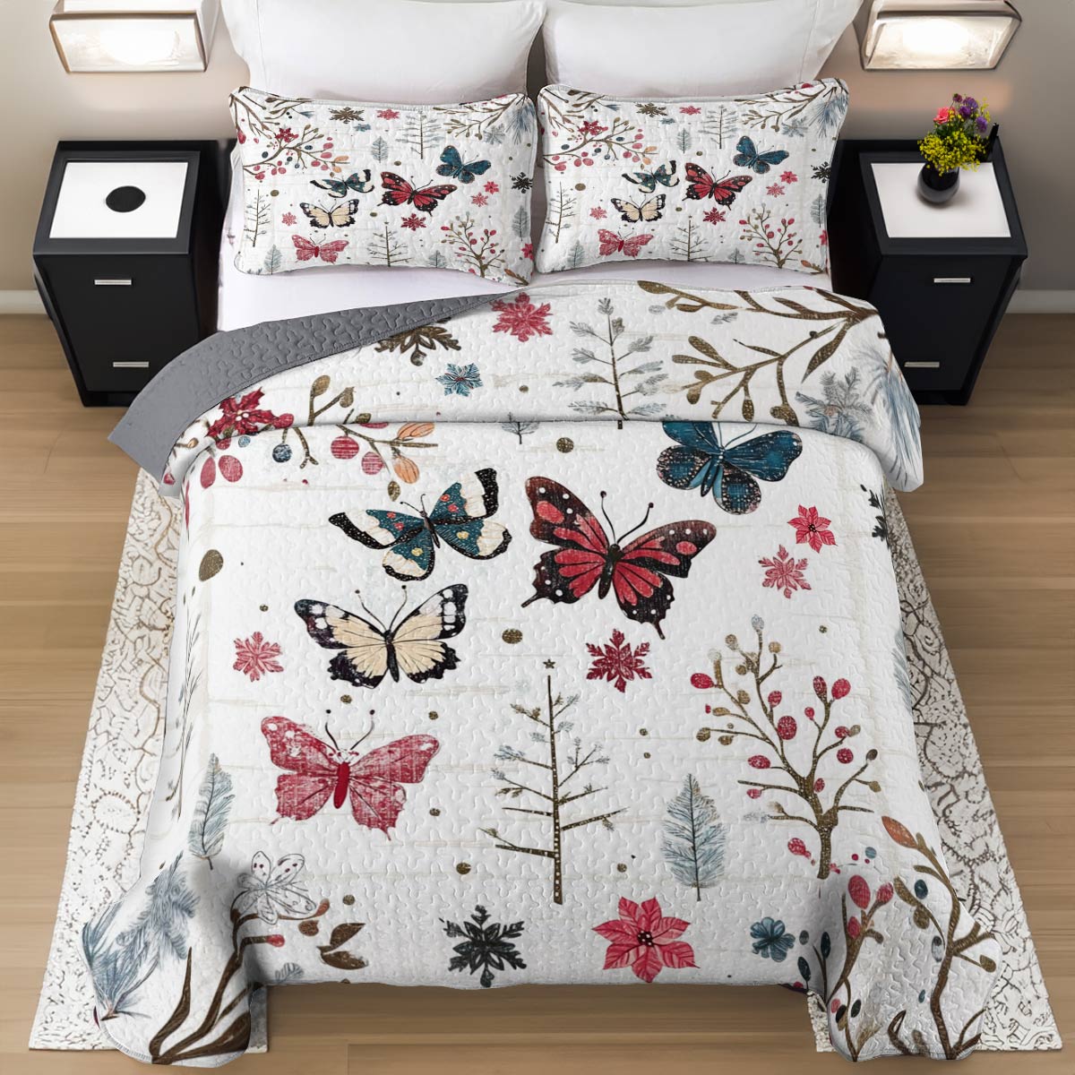 Shineful All Season Quilt 3-Piece Set Winter Love Butterflies