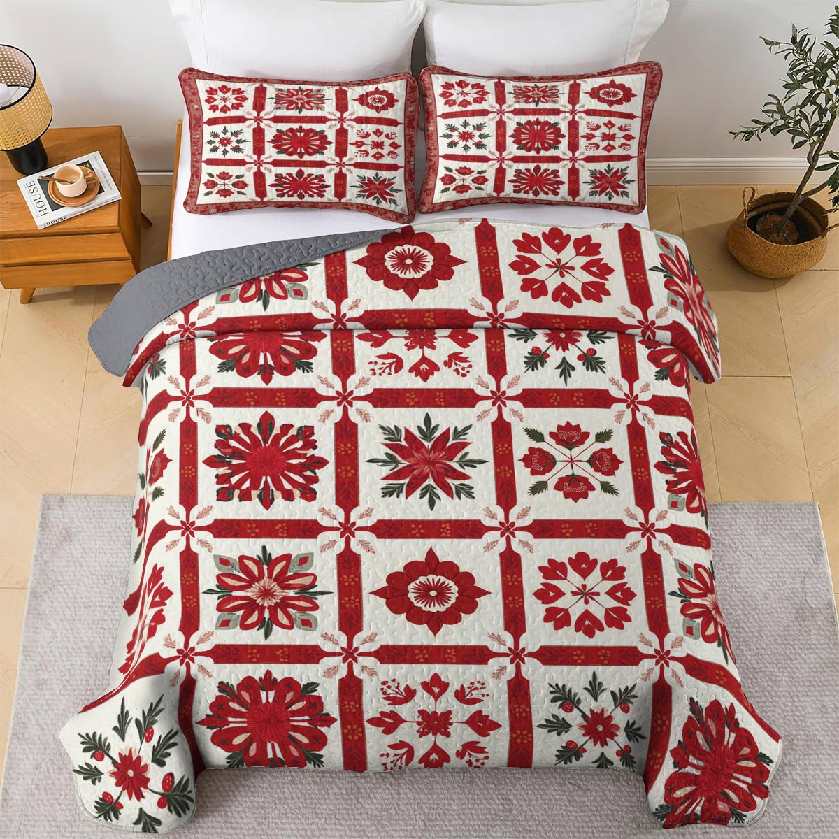 Shineful All Season Quilt 3-Piece Set Charming Red Floral