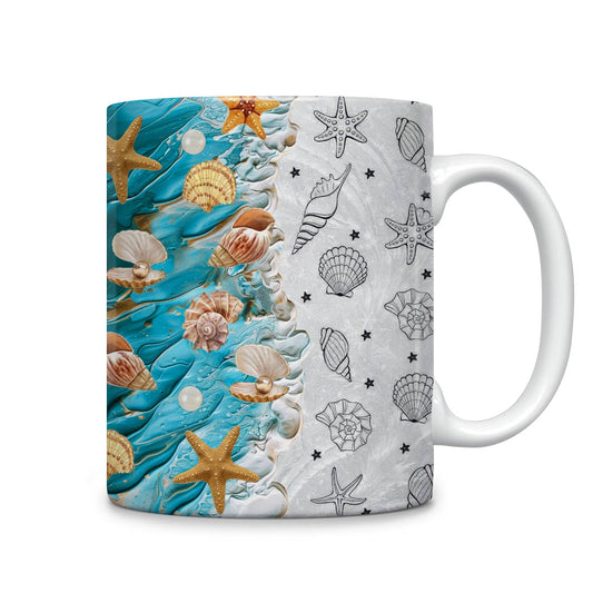 Tasse en céramique brillante Motif coquillages et vagues