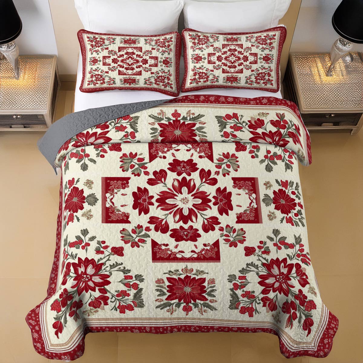 Shineful All Season Quilt 3-Piece Set Breathtaking Red Flowers