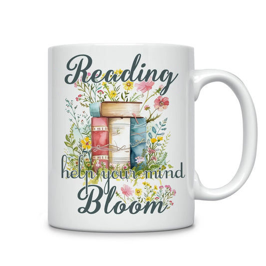 Tasse en céramique brillante avec motif floral et livre de lecture