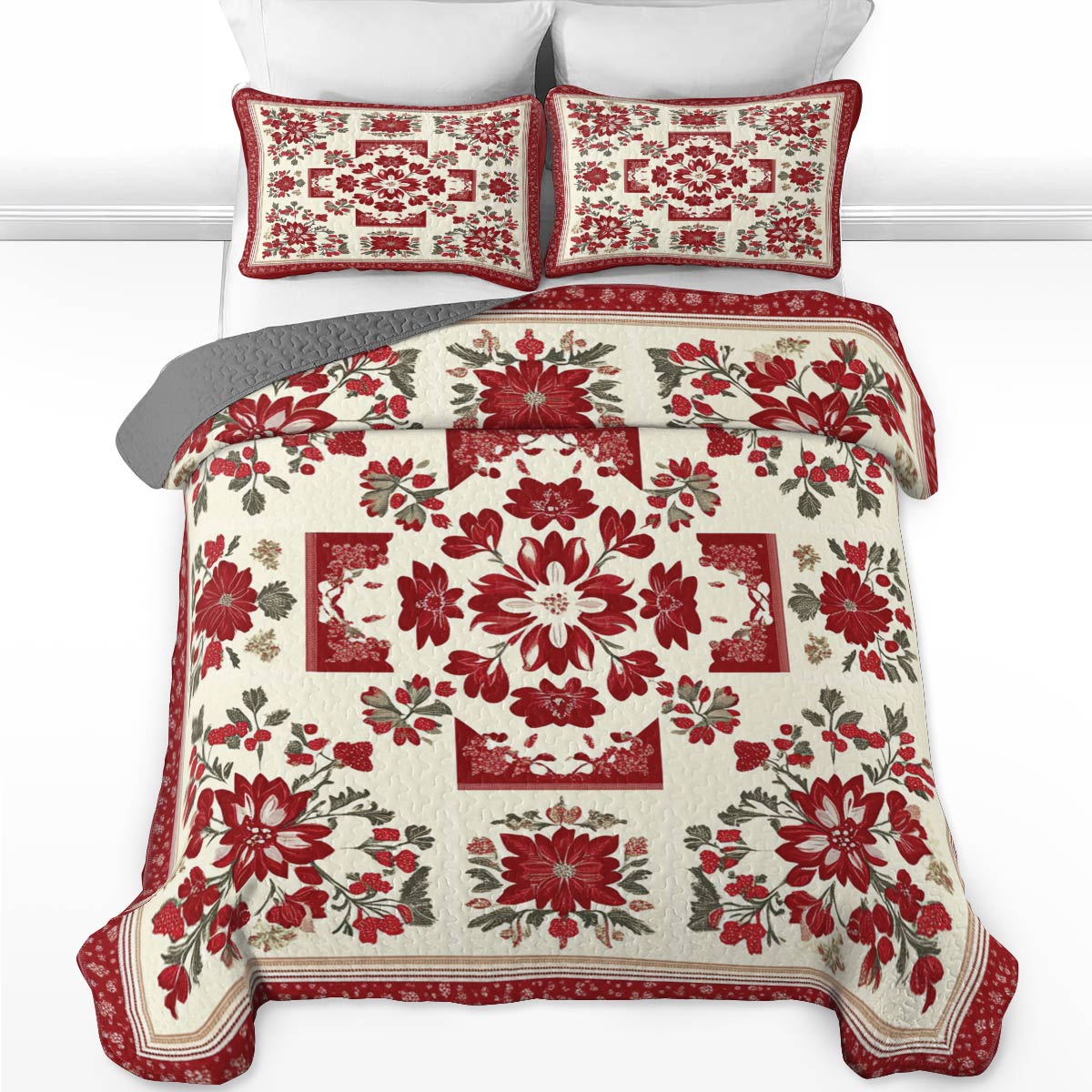 Shineful All Season Quilt 3-Piece Set Breathtaking Red Flowers