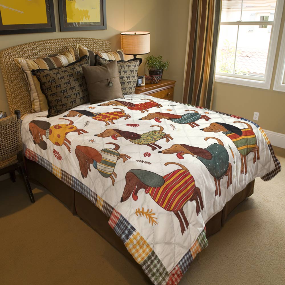 Shineful Flat Print Faux Quilt Blanket Jovial Dachshunds