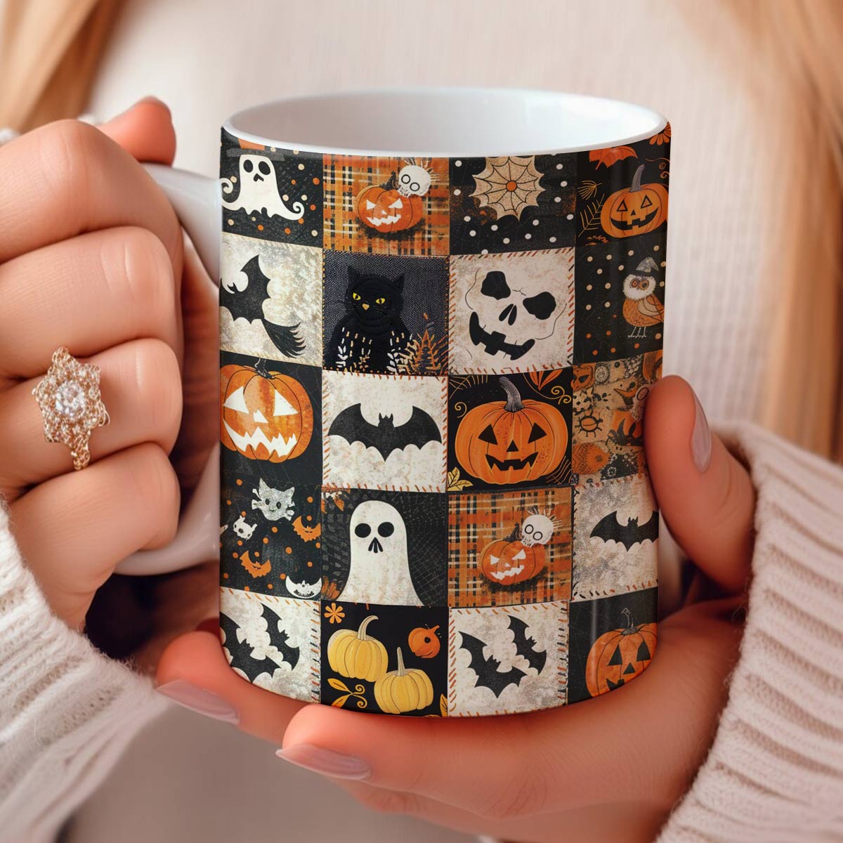 Glänzende Keramiktasse Spooky Patchwork