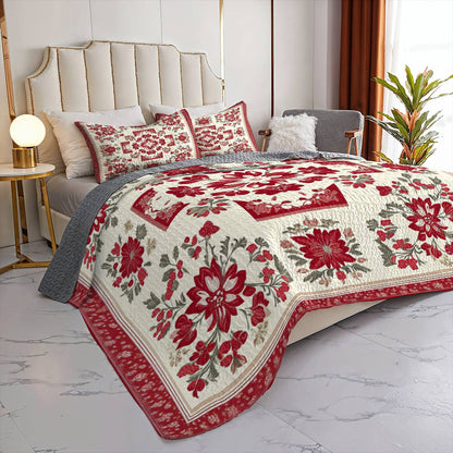 Shineful All Season Quilt 3-Piece Set Breathtaking Red Flowers