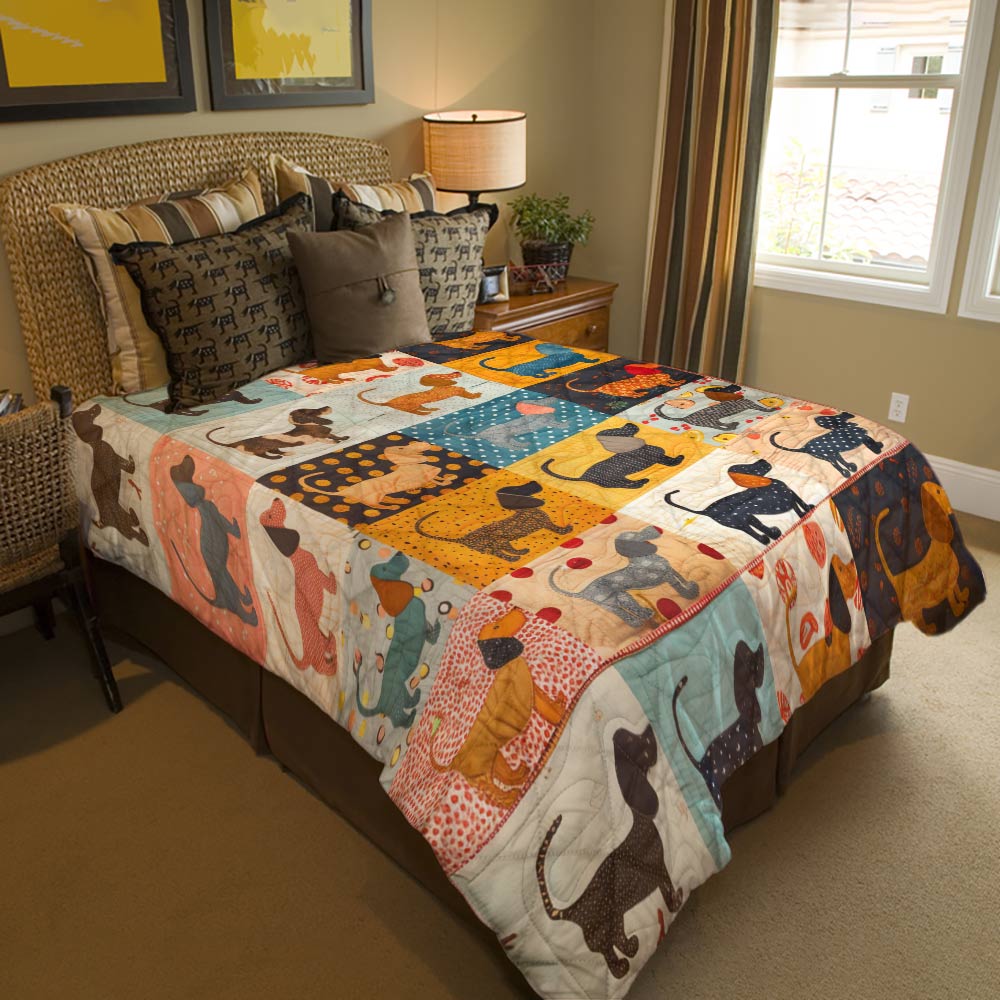 Shineful Flat Print Faux Quilt Blanket Energetic Dachshunds