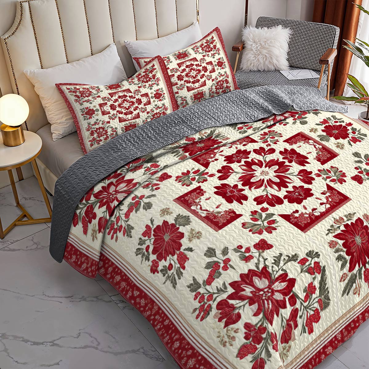 Shineful All Season Quilt 3-Piece Set Breathtaking Red Flowers