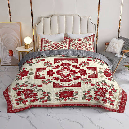 Shineful All Season Quilt 3-Piece Set Breathtaking Red Flowers