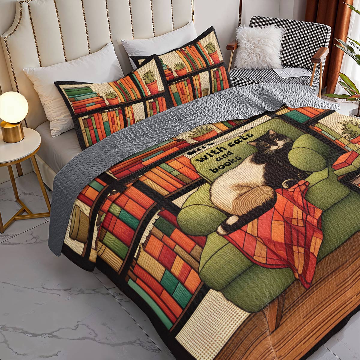 Shineful All Season Quilt 3-Piece Set Cats & Books