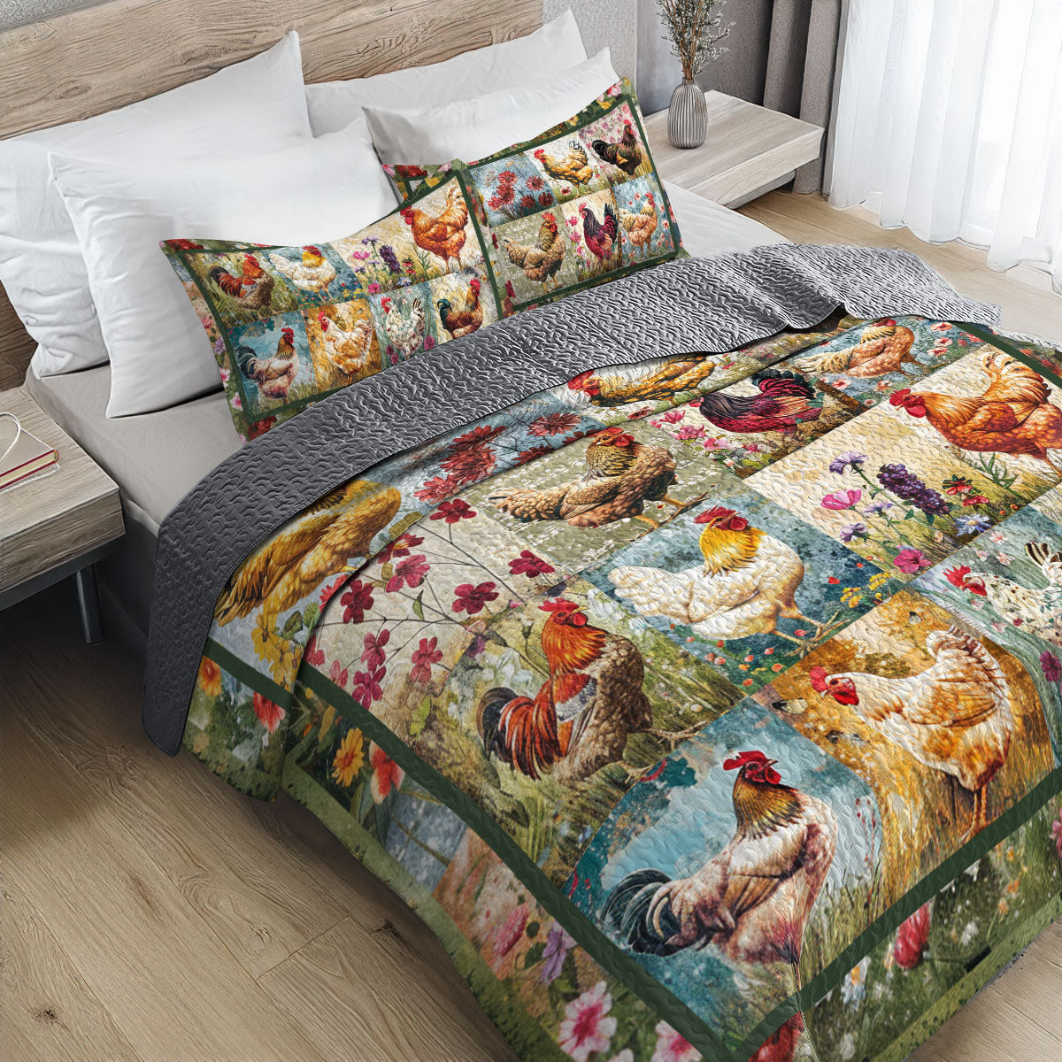 Shineful All Season Quilt 3-teiliges Set Country Rooster Patchwork