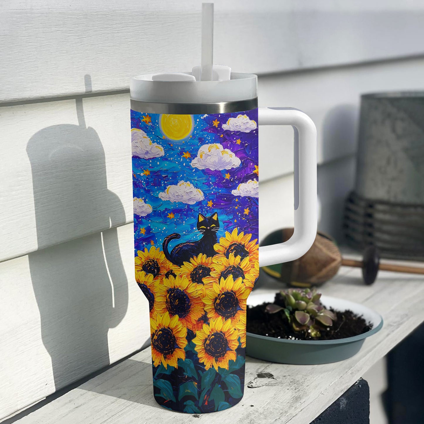 Shineful Tumbler Starry Black Cat Sunflower