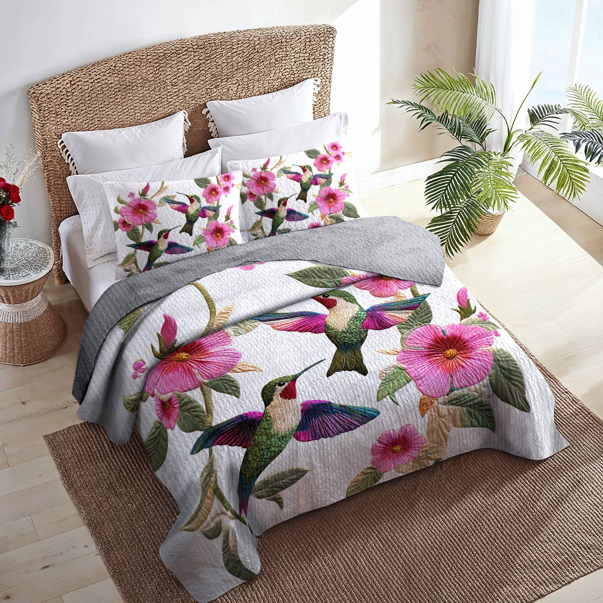 Shineful Flat Print All Season Quilt 3-Piece Set Divine Hummingbird Flowers