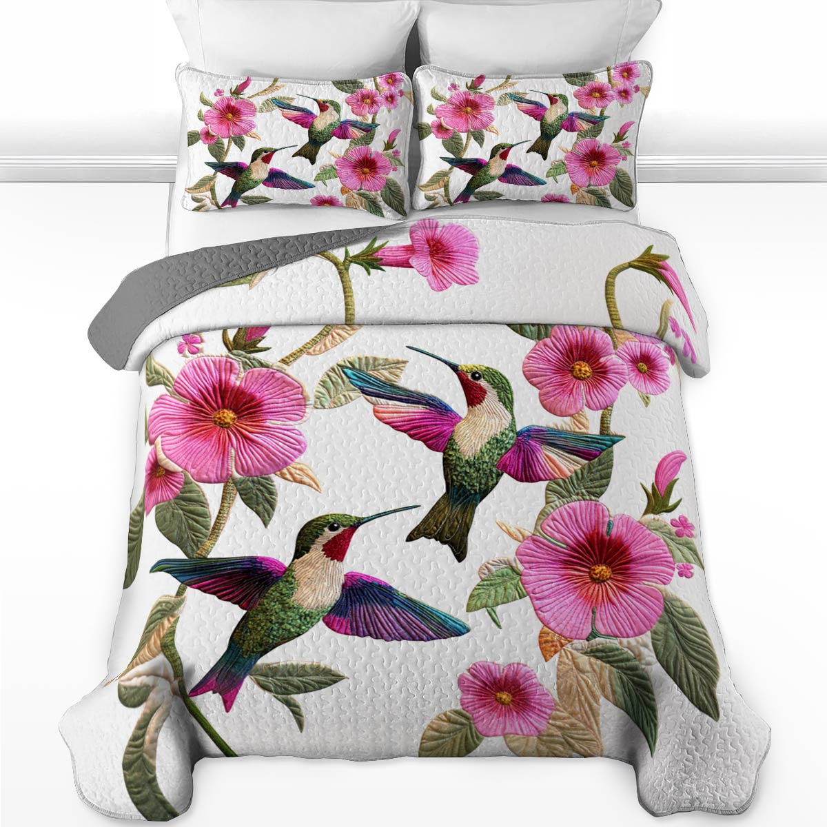 Shineful Flat Print All Season Quilt 3-Piece Set Divine Hummingbird Flowers