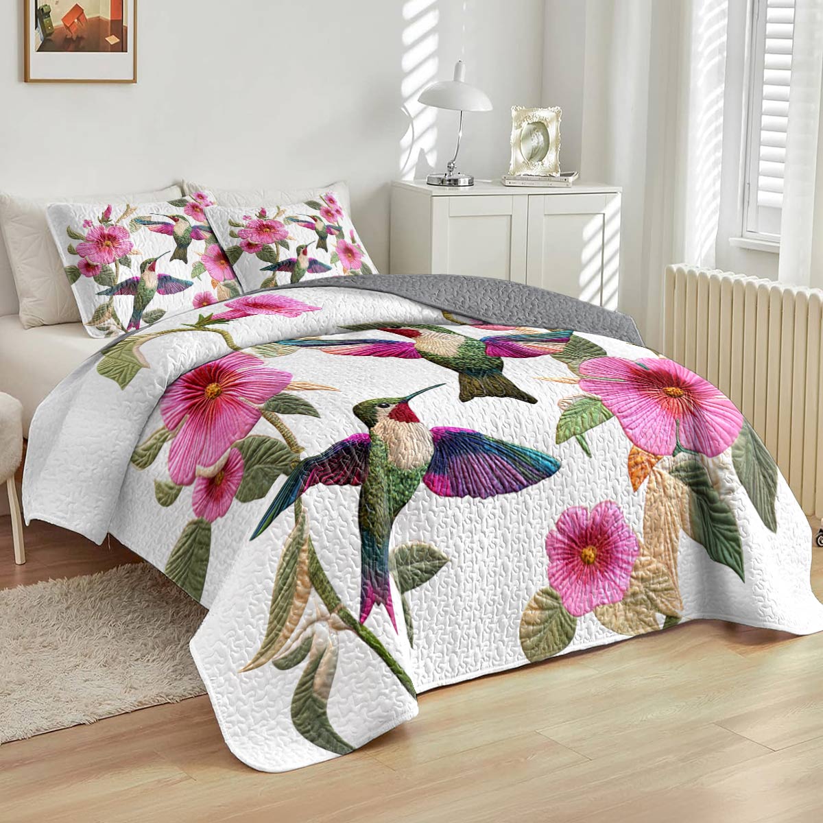 Shineful Flat Print All Season Quilt 3-teiliges Set Divine Hummingbird Flowers