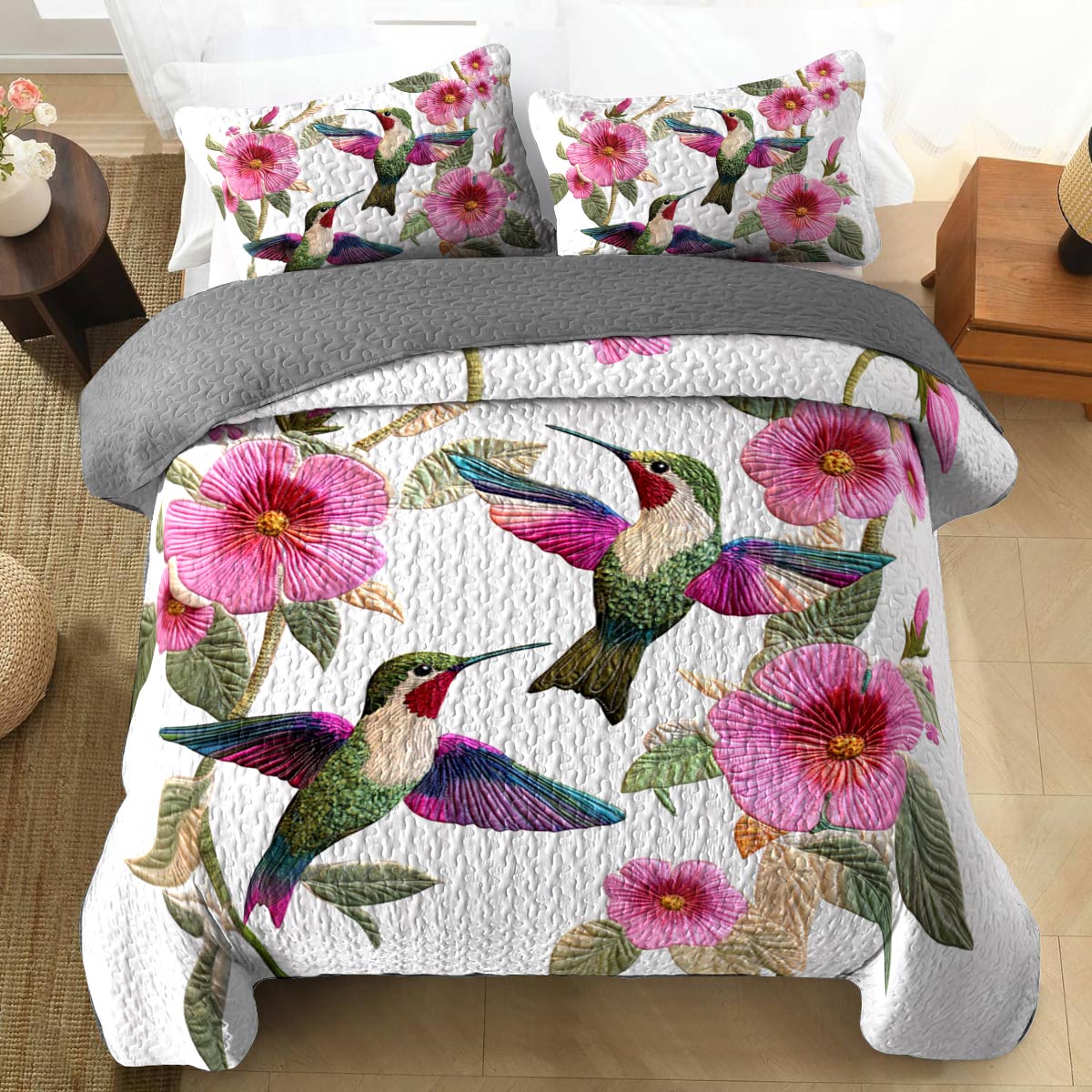 Shineful Flat Print All Season Quilt 3-Piece Set Divine Hummingbird Flowers