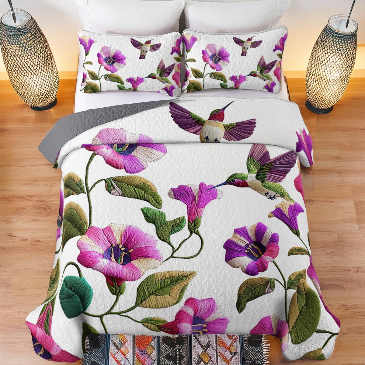 Shineful Flat Print All Season Quilt 3-teiliges Set Glamorous Hummingbirds Flowers