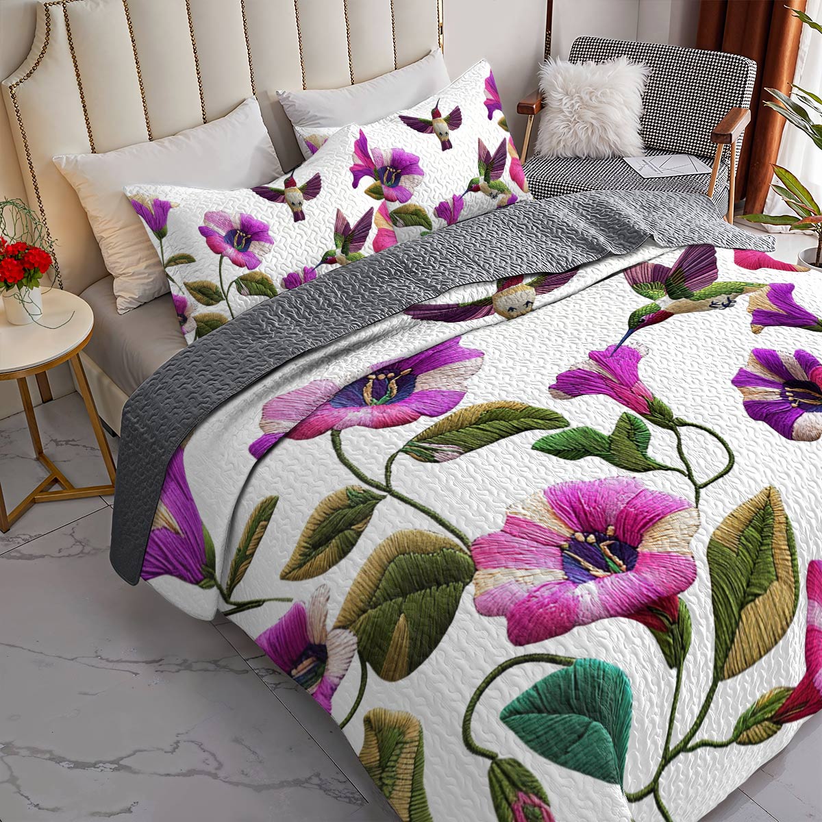 Shineful Flat Print All Season Quilt 3-Piece Set Glamorous Hummingbirds Flowers