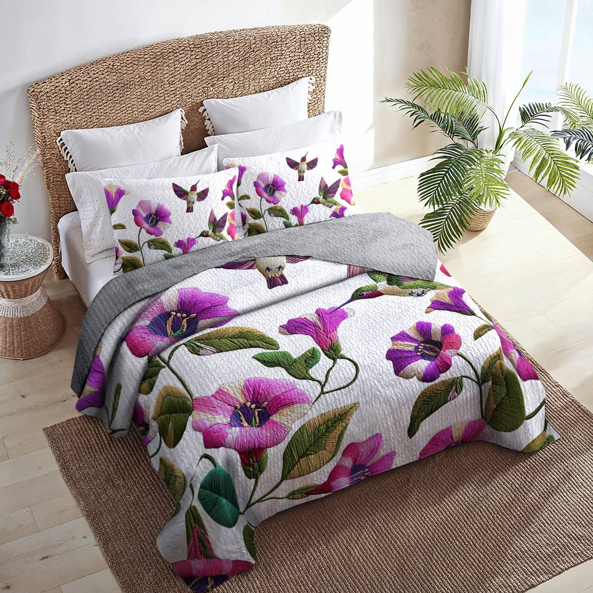 Shineful Flat Print All Season Quilt 3-Piece Set Glamorous Hummingbirds Flowers