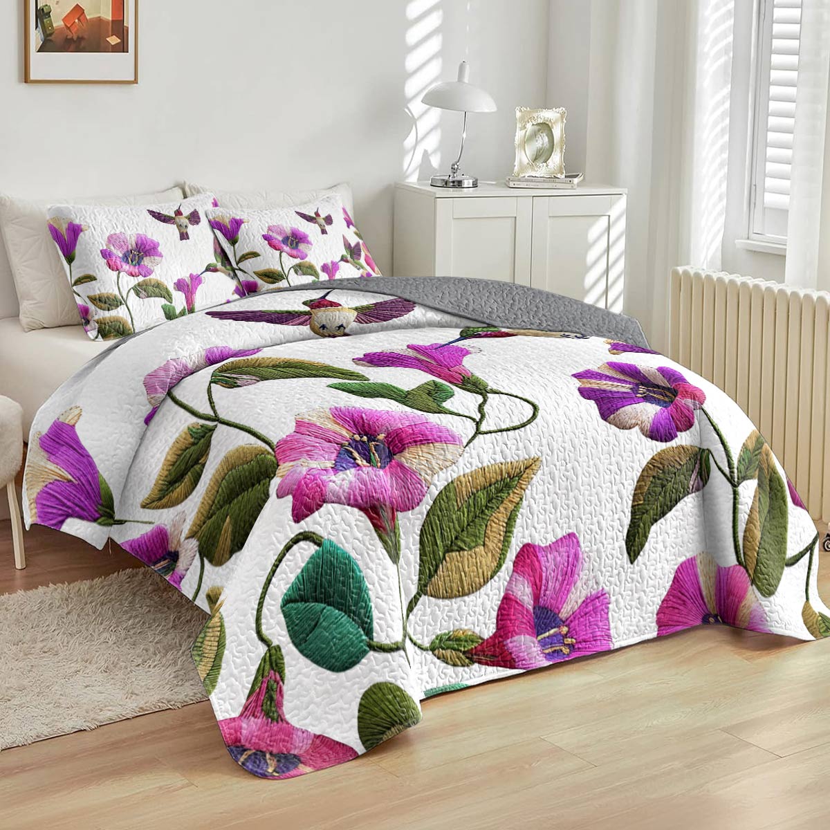 Shineful Flat Print All Season Quilt 3-teiliges Set Glamorous Hummingbirds Flowers