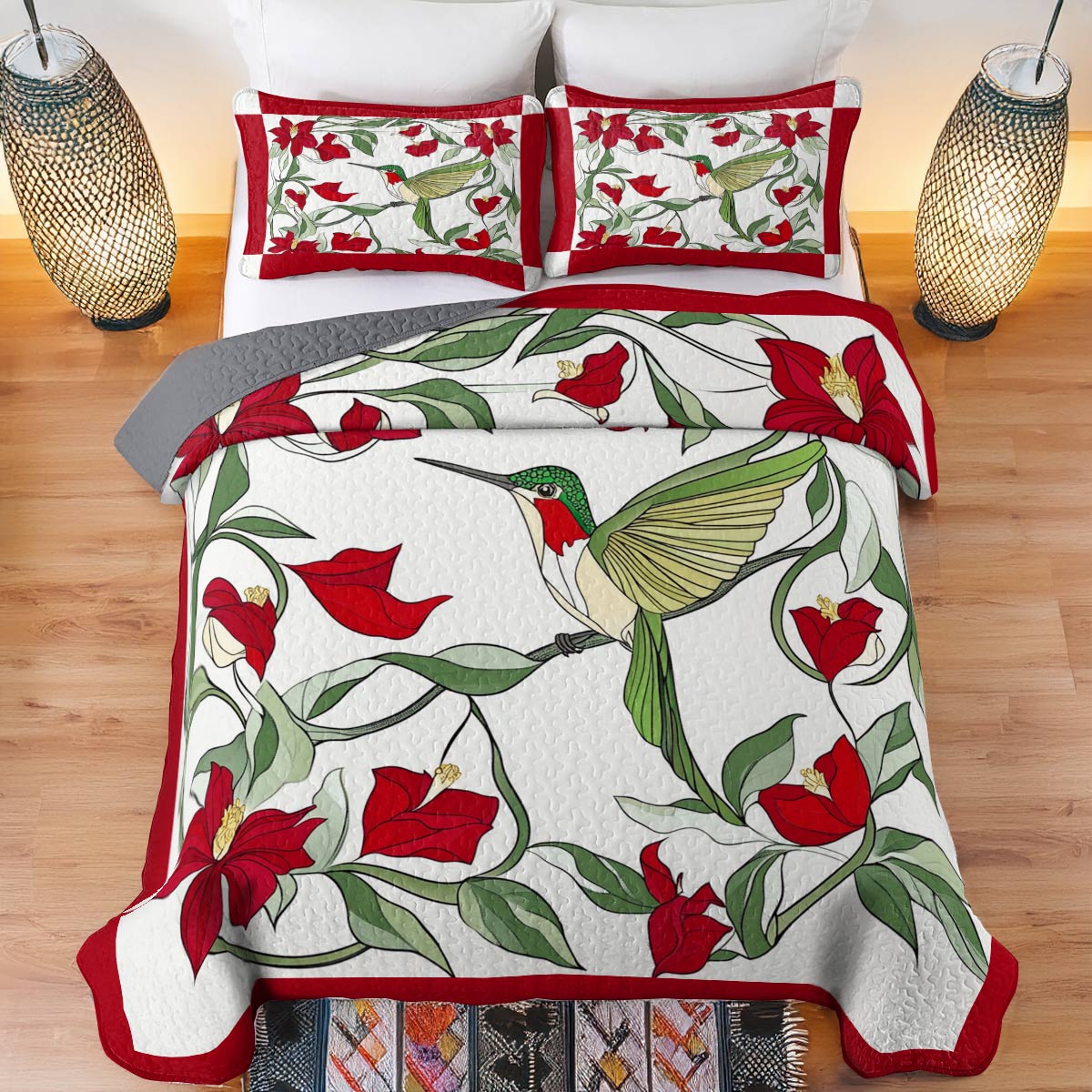 Shineful All Season Quilt 3-Piece Set Enchanting Hummingbird Flowers