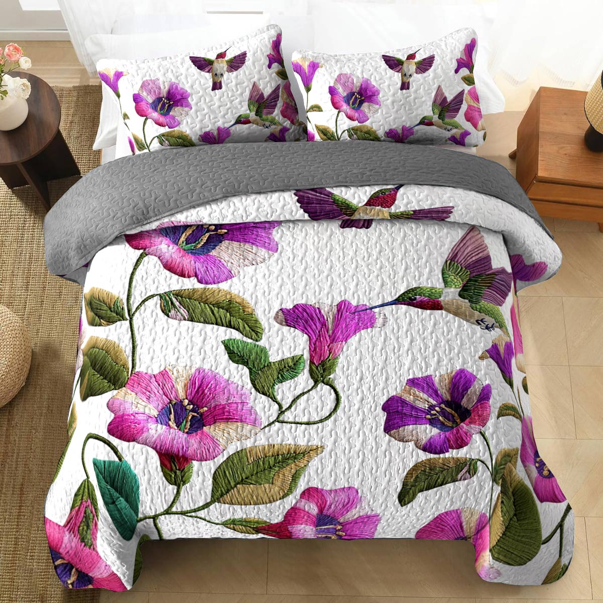 Shineful Flat Print All Season Quilt 3-teiliges Set Glamorous Hummingbirds Flowers